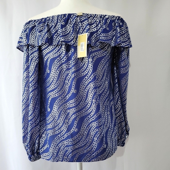 New Michael Kors Women's Blue Chain Print Off Shoulder Top Size Xsmall - Picture 6 of 15
